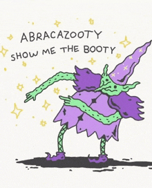 a cartoon of a witch wearing a purple dress and a purple hat dancing .