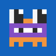 a blue background with a purple and orange pixel monster