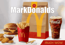 a mcdonald 's advertisement shows a bag of french fries a hamburger and a glass of coca-cola