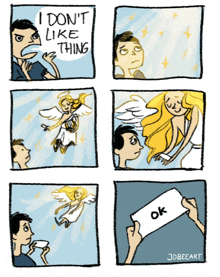 a comic strip by jobeeart shows a man drinking a cup of coffee and an angel