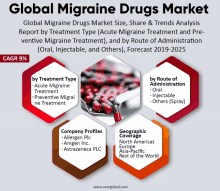 a poster titled global migraine drugs market with a picture of pills