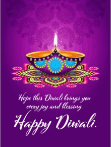 a purple background with a candle and the words happy diwali on it