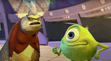 two monsters from the movie monsters inc are standing next to each other in front of a sign that says to scarefloors