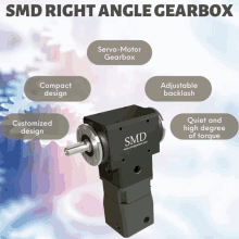 an advertisement for smd right angle gearbox features a compact design