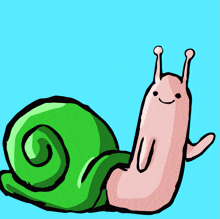 a cartoon drawing of a snail with a green shell and a pink body