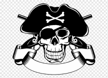 a black and white drawing of a pirate skull with two guns and a banner