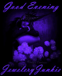 a good evening greeting card with a woman and purple flowers