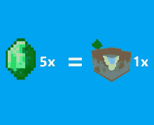 a pixel art of a green emerald and a minecraft block with the equation 5x = 1x