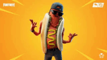 a cartoon character is dressed as a hot dog and wearing sunglasses and a hat .