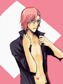 a drawing of a shirtless man with pink hair