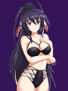 a girl in a black bikini with purple eyes