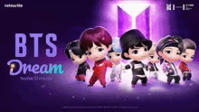 a group of bts dolls are standing next to each other in front of a purple background .