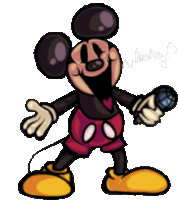 a cartoon of mickey mouse holding a microphone and smiling .