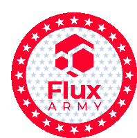 a red and white circle with flux army on it