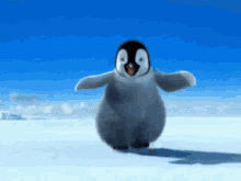 a baby penguin is dancing in the snow with its arms outstretched