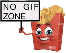 a cartoon character of french fries holding a sign that says no gif zone