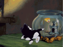 a cartoon cat is looking at a fish in a fish bowl