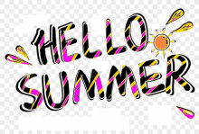 the words hello summer are written in a colorful striped font