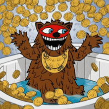 a cartoon of a bear in a bathtub surrounded by coins