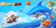 a shark is surrounded by fish and a rocket in a game called agen 69