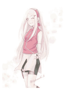 a drawing of a girl with long pink hair wearing a pink shirt and skirt .