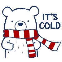 a polar bear wearing a scarf that says it 's cold on it