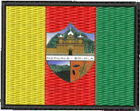 a red yellow and green flag with a coat of arms for nahuala solola