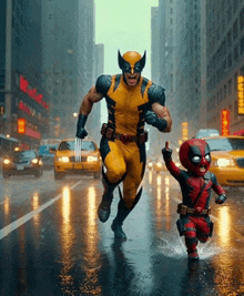 wolverine and deadpool running down a wet city street