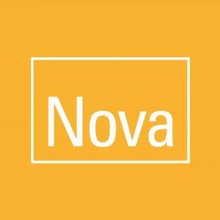 the word nova is written in white on a yellow background in a square .