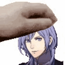 a hand is holding a purple haired girl 's head in a pixel art style .