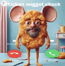 a chicken nugget with a beard and mouse ears is talking on a cell phone