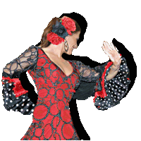 a woman in a red and black dress with polka dots on the sleeves