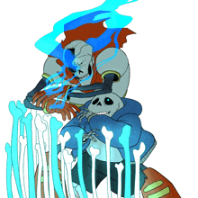 a drawing of papyrus and sans with a blue flame behind them