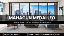 an advertisement for mahagun medalleo luxury apartments for sale