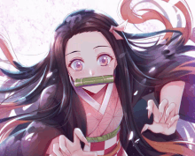 a girl with long hair and pink eyes is wearing a red and white kimono