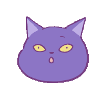 a purple cat with yellow eyes and a surprised look on his face