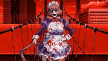 a girl in a maid outfit is holding a bloody stick