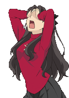 a girl in a red sweater is covering her eyes