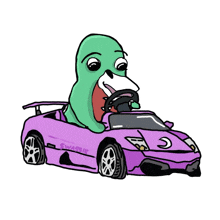 a cartoon character is driving a purple sports car with the word swassie on the side