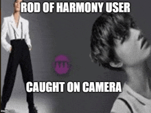 a black and white photo of a woman with the caption rod of harmony user caught on camera .