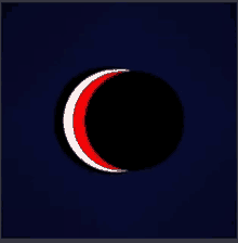 a black circle with a red and white crescent moon