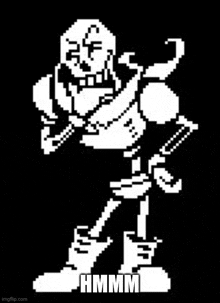 a pixel art of papyrus from undertale holding a knife and a hammer .