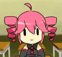 a cartoon girl with pink hair is sitting at a desk .