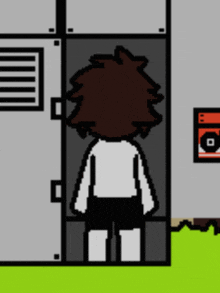 a pixel art of a person standing in a doorway