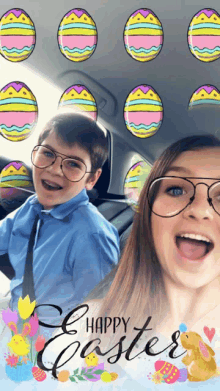 a girl and a boy are in a car with easter eggs on the back window