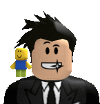 a roblox character is wearing a suit and tie and holding a toy