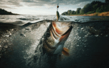 a large fish is swimming in the water with a hook in its mouth .