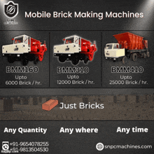 an advertisement for mobile brick making machines shows three different trucks