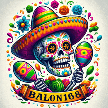 a sugar skull wearing a sombrero is holding maracas and a banner that says balon 168