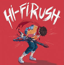 a cartoon of a man playing a guitar with the words hi-firush written above him